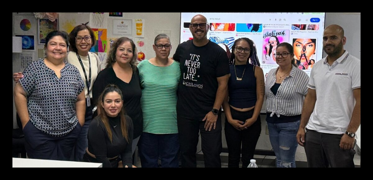 David Garibaldi visiting a Highlands art class with students and educators